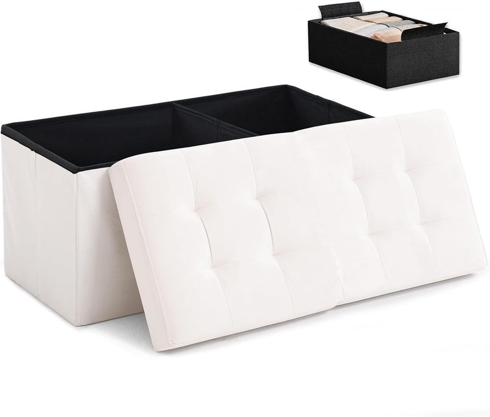 HAUSFRAU Ottoman with Storage Bench Folding Foot Rest Stool Velvet Cream