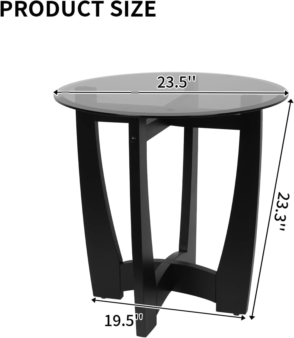 LKTART Glass End Table, 23.5" Round Side Tables with Black Tempered Glas...