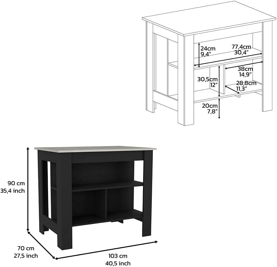 Kitchen Island with Three Storage Shelves and Marble Finish | Three open stor...
