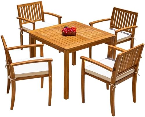 Flamaker 5 Pieces Outdoor Dining Set Acacia Wood Outdoor Table and Chairs
