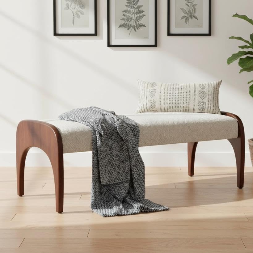 LukeAlon 51-Inch Extra Long Upholstered Bench with Cute Solid Walnut Rubber W...