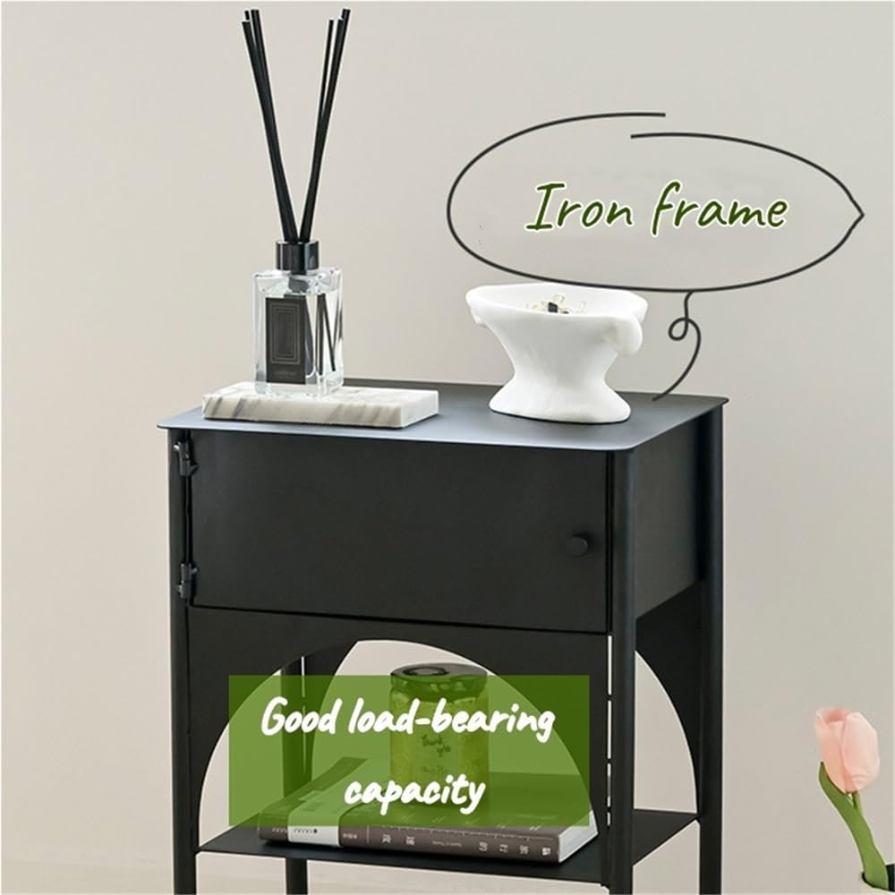 Black Side Table with Drawer, Wrought Iron Nightstand, 2-Tier End Table, Narr...