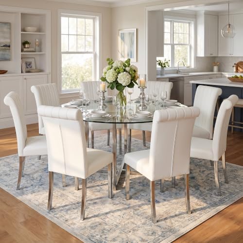 ACEDÉCOR White Faux Leather Dining Chairs Set of 8 with Silver Metal Legs