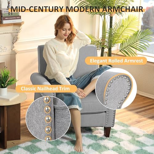 PrimeZone Comfy Accent Chair, Mid-Century Modern Living Room Chair, Grey