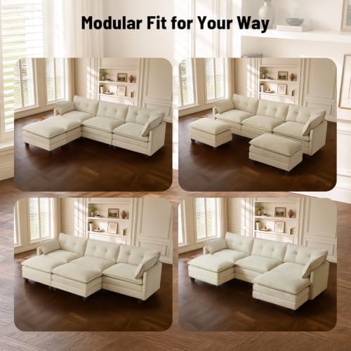 Amsleekey 111.5" U Shaped Modular Sectional Sofa, Beige Corduroy | Cloud...
