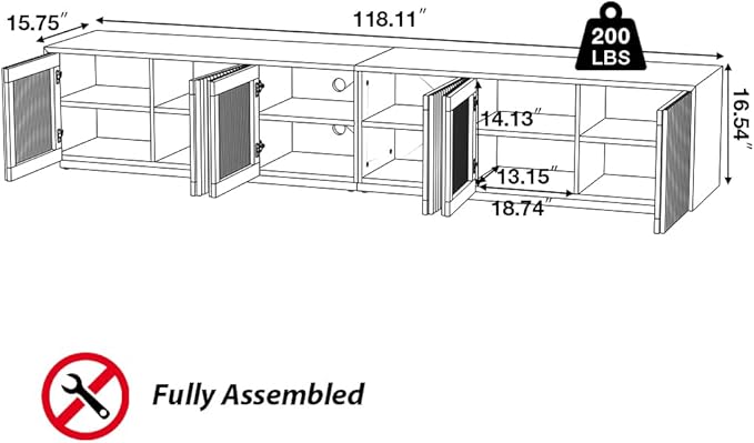 POVISON Full Assembled Mid Century Modern TV Stand, 118” Extra-Large Entertainment Center for 100 inch TV, Wood Slatted TV Media Console with Storage for Living Room Bedroom