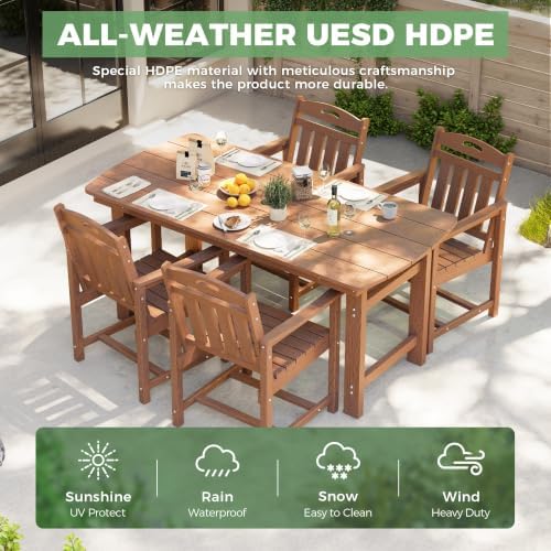 HDPE Outdoor Dining Set, Patio Table and 4 Chairs, 2" Umbrella Hole, Teak
