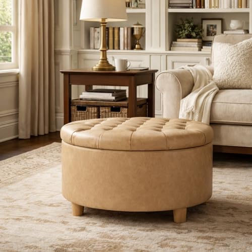 HomePop Home Decor | Button Round Storage Ottoman | Ottoman with Storage for ...