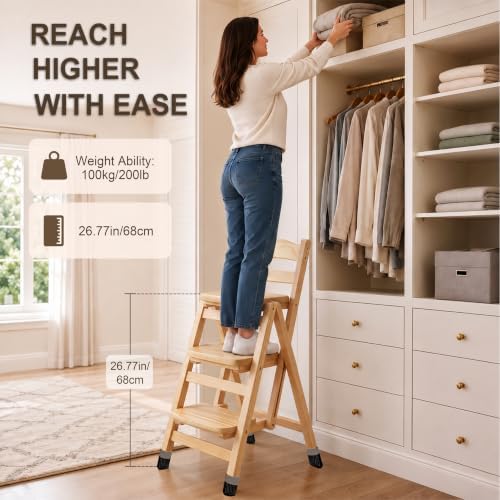 Folding Bar Stool, 3 Step Portable Adults Solid Wood Ladder Stool, Wood