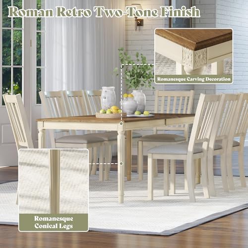 AMERLIFE 9 Piece Farmhouse Dining Table Set with 79" Table, Cream | Soli...