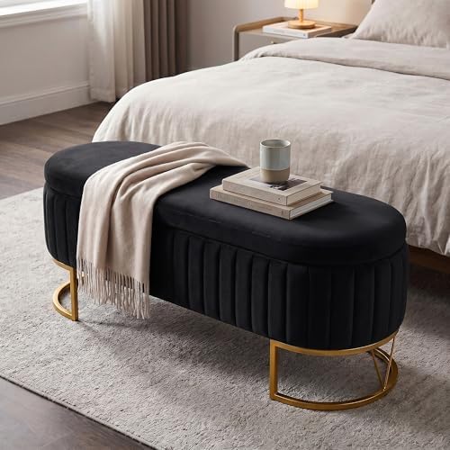 Storage Bench Bedroom Bench, Velvet Oval Upholstered End of Bed Bench with Go...