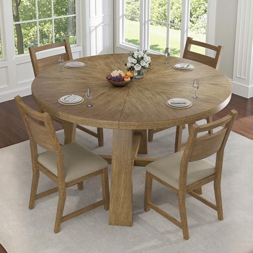 Jocisland Round Table Dining Set for 4, Solid Wood Mid-Century Mordern