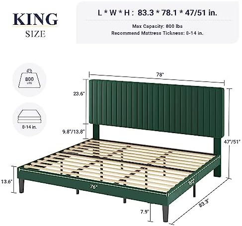 Allewie King Bed Frame, Velvet Upholstered Platform Bed with Adjustable Verti...