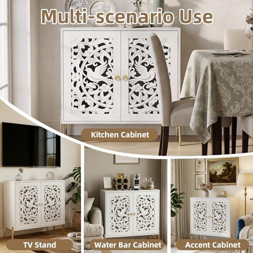 DHZ Accent Cabinet with Doors, Hollow-Carved Pattern Buffet Cabinet with Stor...