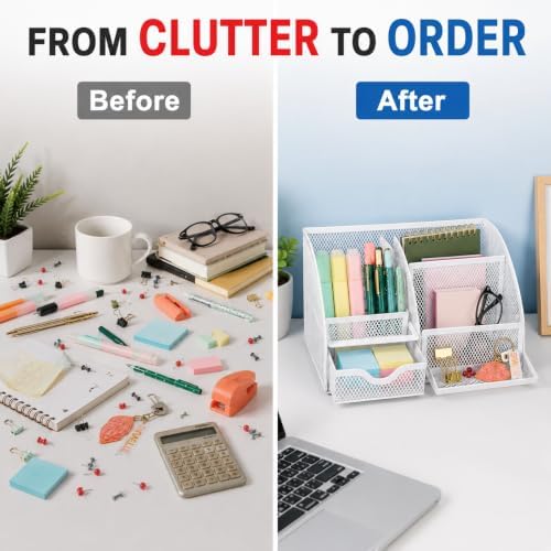 Exerz Desk Organizer 7 Compartments Metal Mesh Pen Holder Caddy White | Compact White Desktop Storage for Notes Clips Scissors Rulers Craft Tools Makeup Study and Home Use