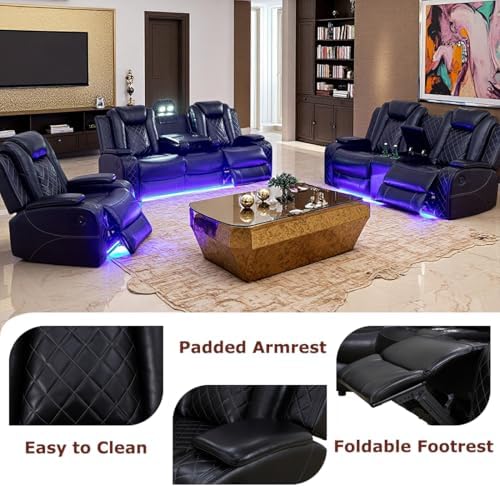 Power Recliner Sofa Set, Black Leather 3 Pieces Sectional Couch, Living Room ...