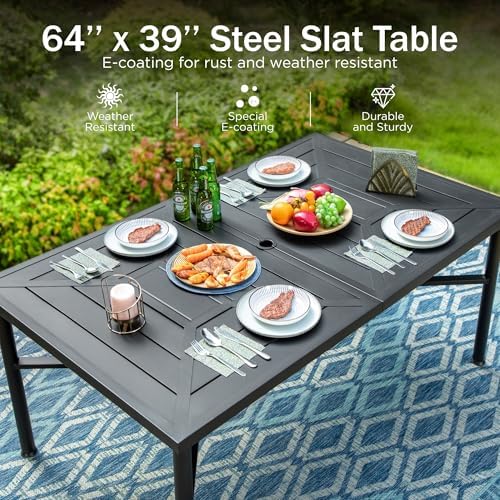 PHI VILLA Outdoor Dining Set for 6, Metal Table w/Aluminum Chairs, Blue