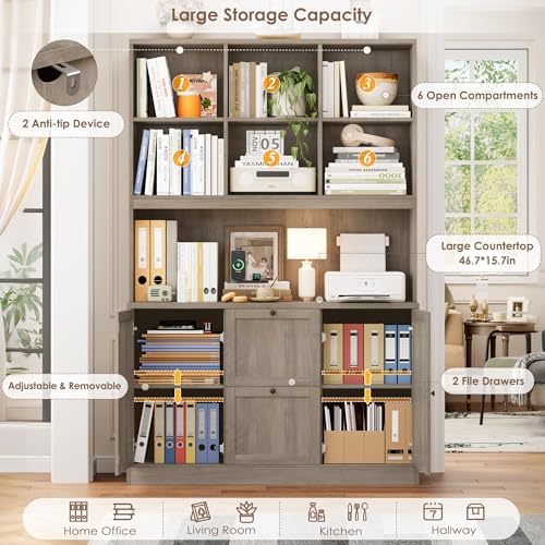 HIFIT 72'' Tall File Bookcase with Outlet & Printer Stand, 2 Fili...