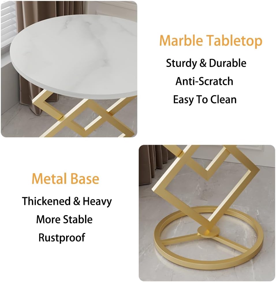 Boho Round Side Table Living Room, Luxurious Marble Desktop end Tables with S...