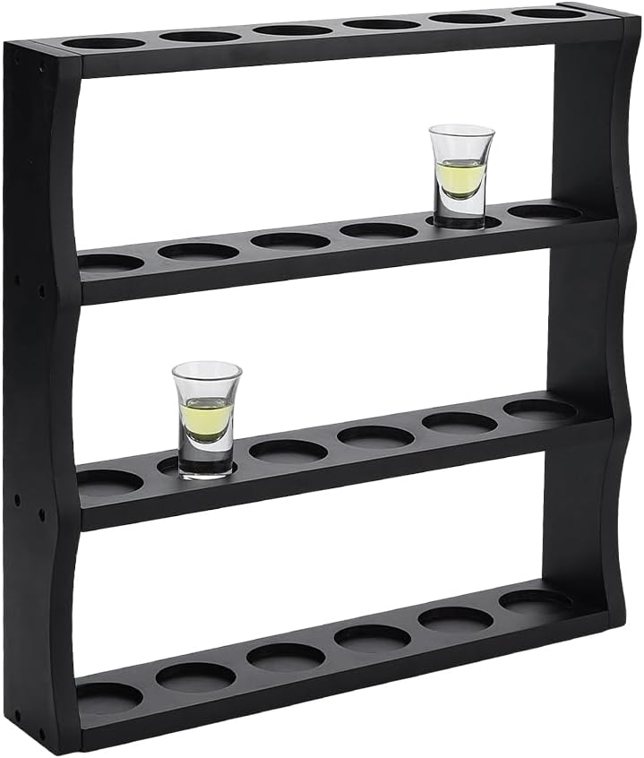 PH PandaHall Wooden Shot Glass Display Case, 4 Tier Wall-Mounted Display Shelf 24 Slots Shot Glass Holder Rack for Home Bar Kitchen Display Storage Gift, Black, 42x43x7.6cm