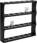 PH PandaHall Wooden Shot Glass Display Case, 4 Tier Wall-Mounted Display Shelf 24 Slots Shot Glass Holder Rack for Home Bar Kitchen Display Storage Gift, Black, 42x43x7.6cm