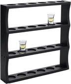 PH PandaHall Wooden Shot Glass Display Case, 4 Tier Wall-Mounted Display Shelf 24 Slots Shot Glass Holder Rack for Home Bar Kitchen Display Storage Gift, Black, 42x43x7.6cm