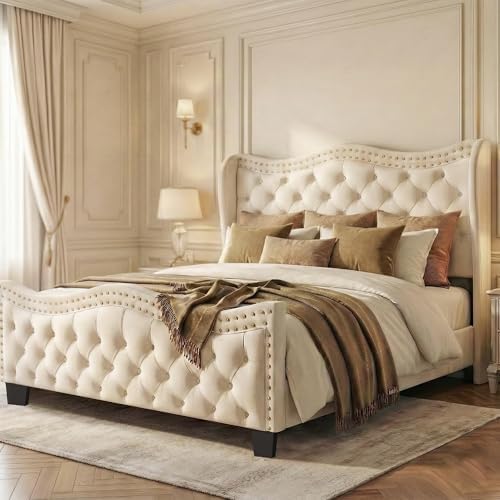 Queen Upholstered Bed Frame, 50-Inch Wingback Headboard, Cream White