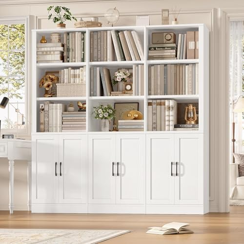 FINETONES 70” H x 63” W Triple Wide Bookshelf, Tall Bookcase with 6 Doors