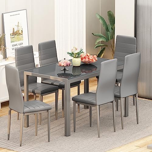 DKLGG Glass Dining Table Set for 6, Modern Kitchen Table with 6 PU Leather Ch...