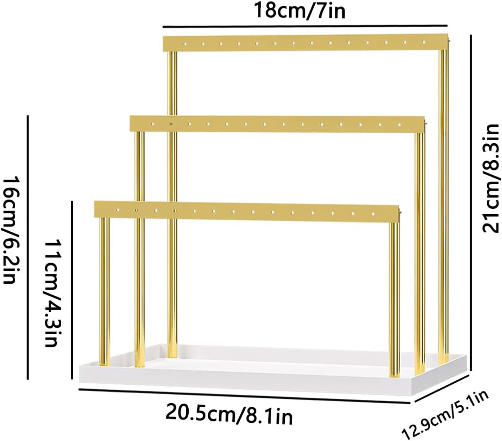 3-Tier Earring Organizer Holder Stand, Metal Jewelry Stand with Tray for Earring Display, 42 Holes Metal Earring Storage Tower Rack for Women Girls Home Use (Gold)