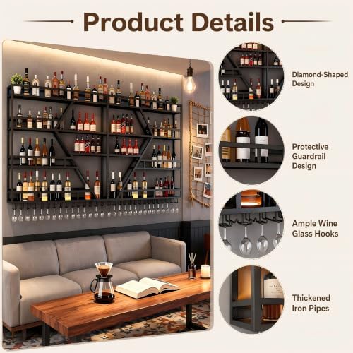 79" 4-Tier Wall Mounted Wine Rack,Metal Gold Bar Shelf,Liquor Glass Holder