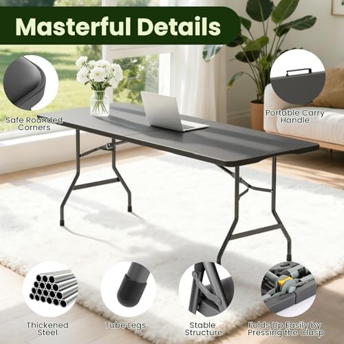 6FT Black Plastic Folding Table Set with 6 Black PU Padded Chairs