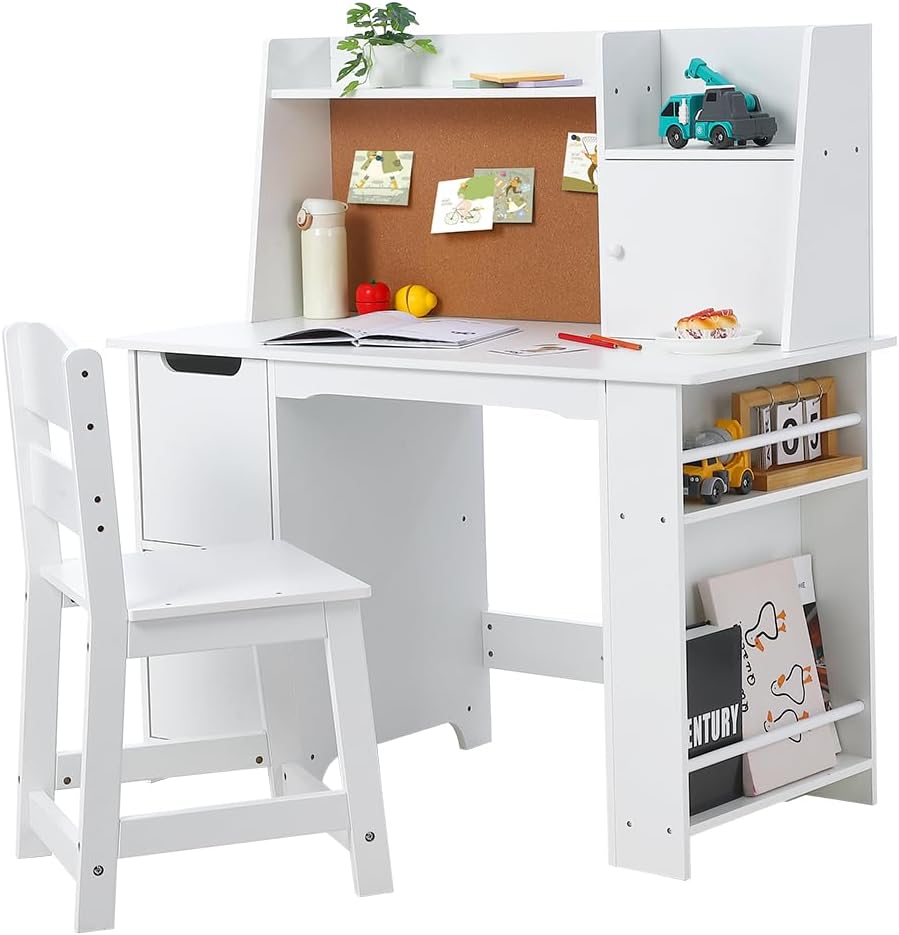 Garvee Kids Desk and Chair Set, Wooden Study Table with Storage Shelf, Bulletin Board for Children 3-8