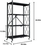 Four-Layer Foldable Storage Metal Shelf with Locking Wheels,Easy Assembly and Move Space-Saving Shelves Organizer Suitable for Kitchen, Pantry and Closet-28.54" L x 14.17" W x 46.06" H