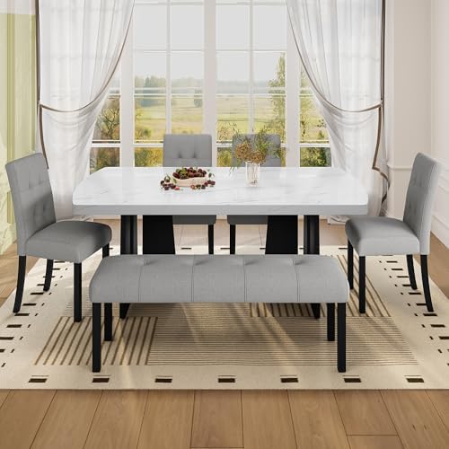 Merax 6 Piece Dining Table Set, 63" Faux Marble Dining Table with 4 Upho...