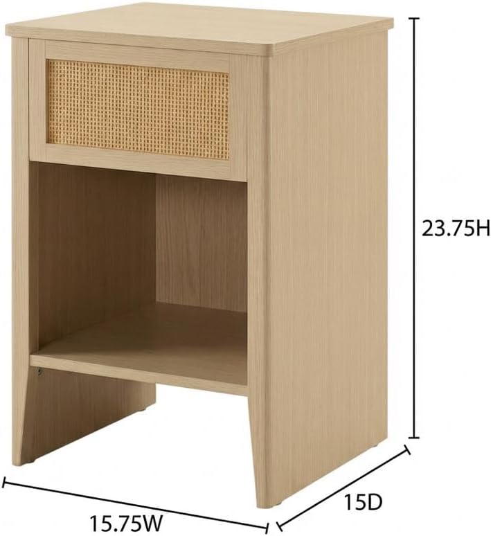 Furnifact Rattan Accent Side Table with Drawer Storage, Open Shelf, Modern De...