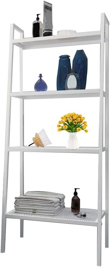 4-Tier Metal Ladder Shelf, Multifunctional Ladder Bookshelf Plant Flower Stand Storage Rack Shelves Bookcase with Metal Mesh Layers for Home Living Room Office (White)