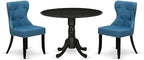 East West Furniture DLSI3-ABK-21 3 Piece Modern Dining Table Set Contains a Round Wooden Table with Dropleaf and 2 Blue Linen Fabric Upholstered Parson Chairs, 42x42 Inch, Wirebrushed Black