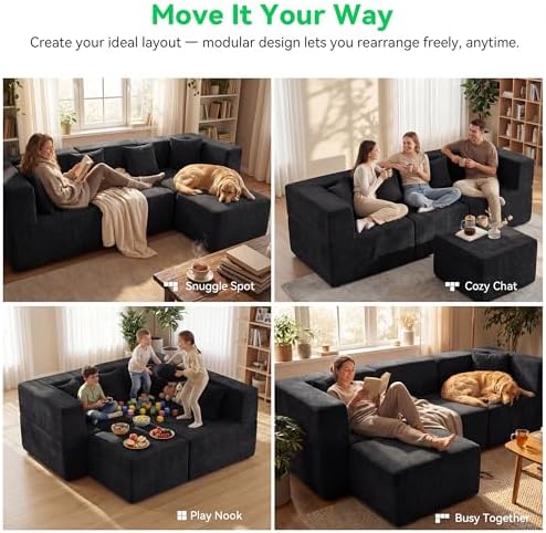MONVANE L Shaped Sectional Couch Oversized, Chenille, Black | 4-Seat Sectiona...
