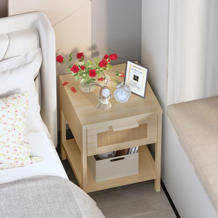 furlinkhm Rattan Nightstand, Boho Bedside Table, 23" Rattan Nightstand, ...
