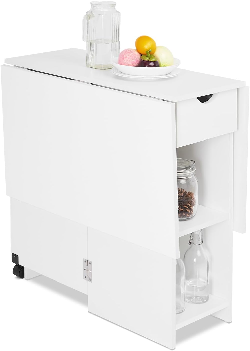 Mondeer Folding Dining Table with Drawer and Shelves, White