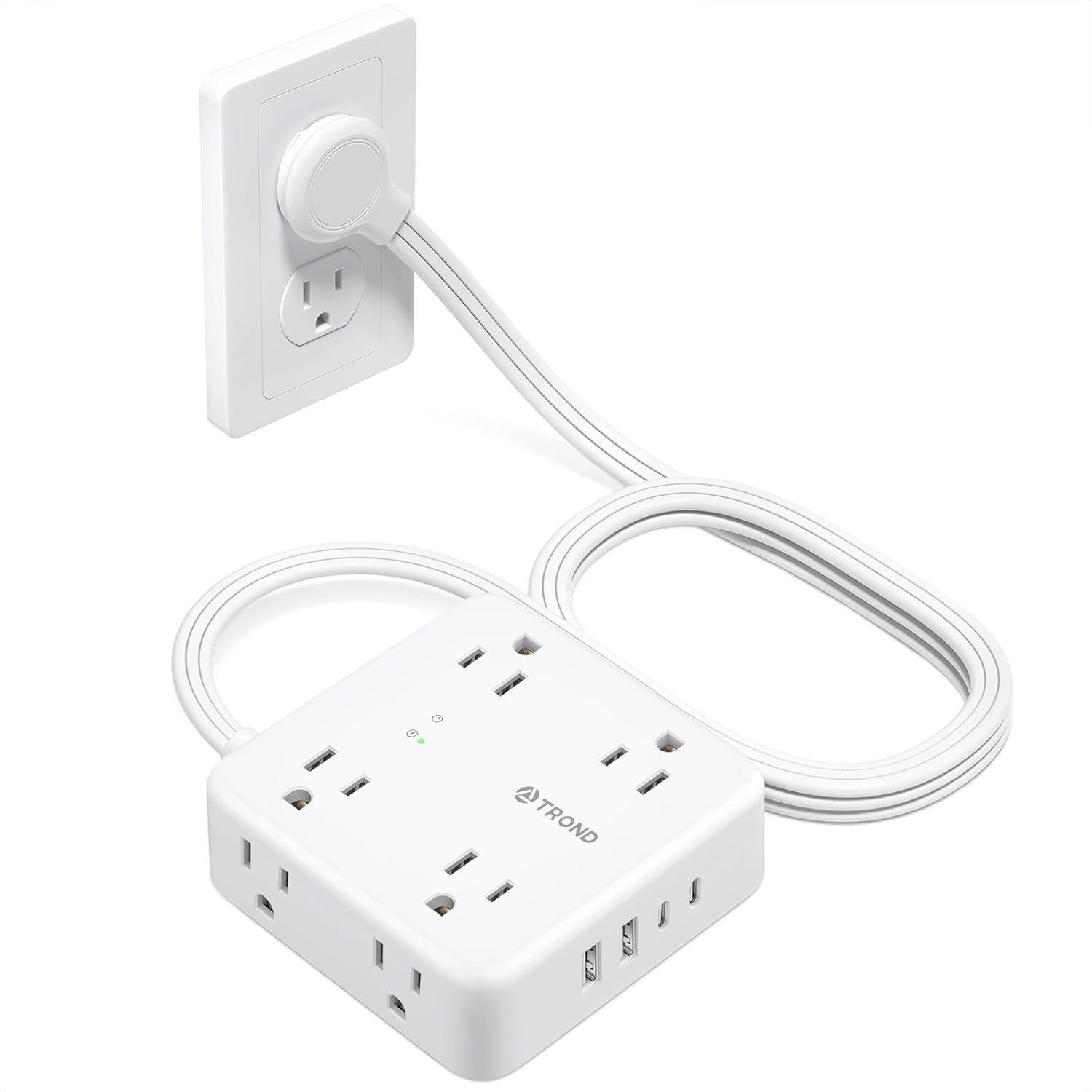 TROND 5ft Flat Extension Cord with 2 USB C, Ultra Thin Flat Plug Power Strip, 8 Widely Outlets and 4 USB Ports, 1700J Surge Protector, Extension Cord for Office, Travel, Home, White