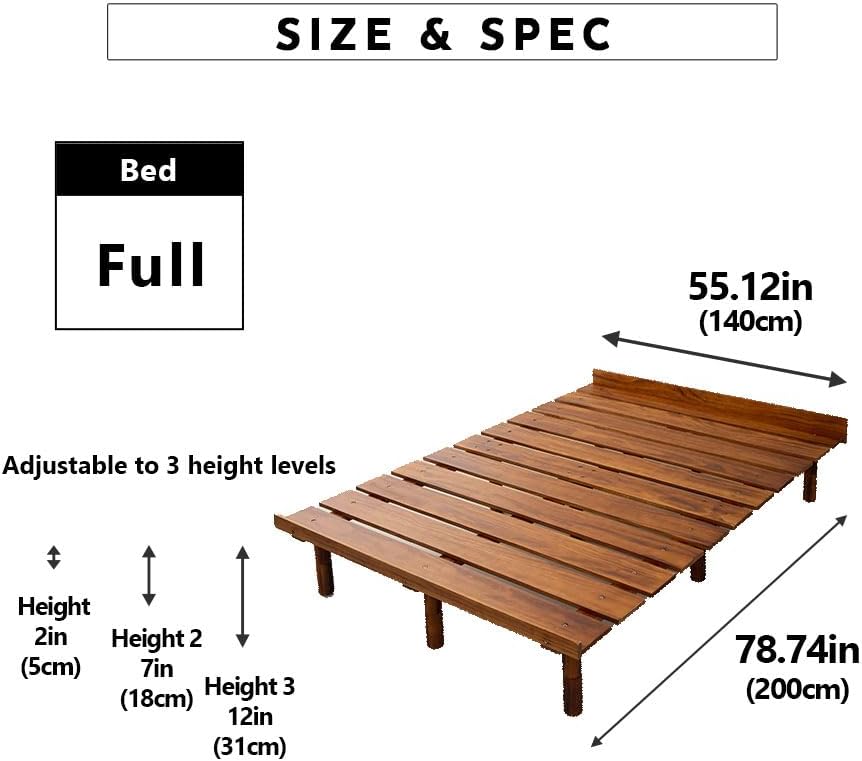 EMOOR Wood Slatted Floor Bed Frame OSMOS Full for Japanese Futon Mattress Solid Pine (Retro-Brown), Height Adjustable (2/7/12in) Tatami Mat
