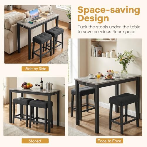 COSTWAY 3-Piece Wooden Bar Table Set with Charging Station