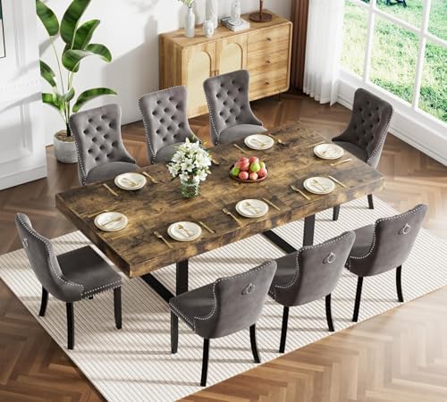 9-Piece Extendable Dining Table Set for 8, 63-78 Inch Rustic Brown Kitchen Ta...