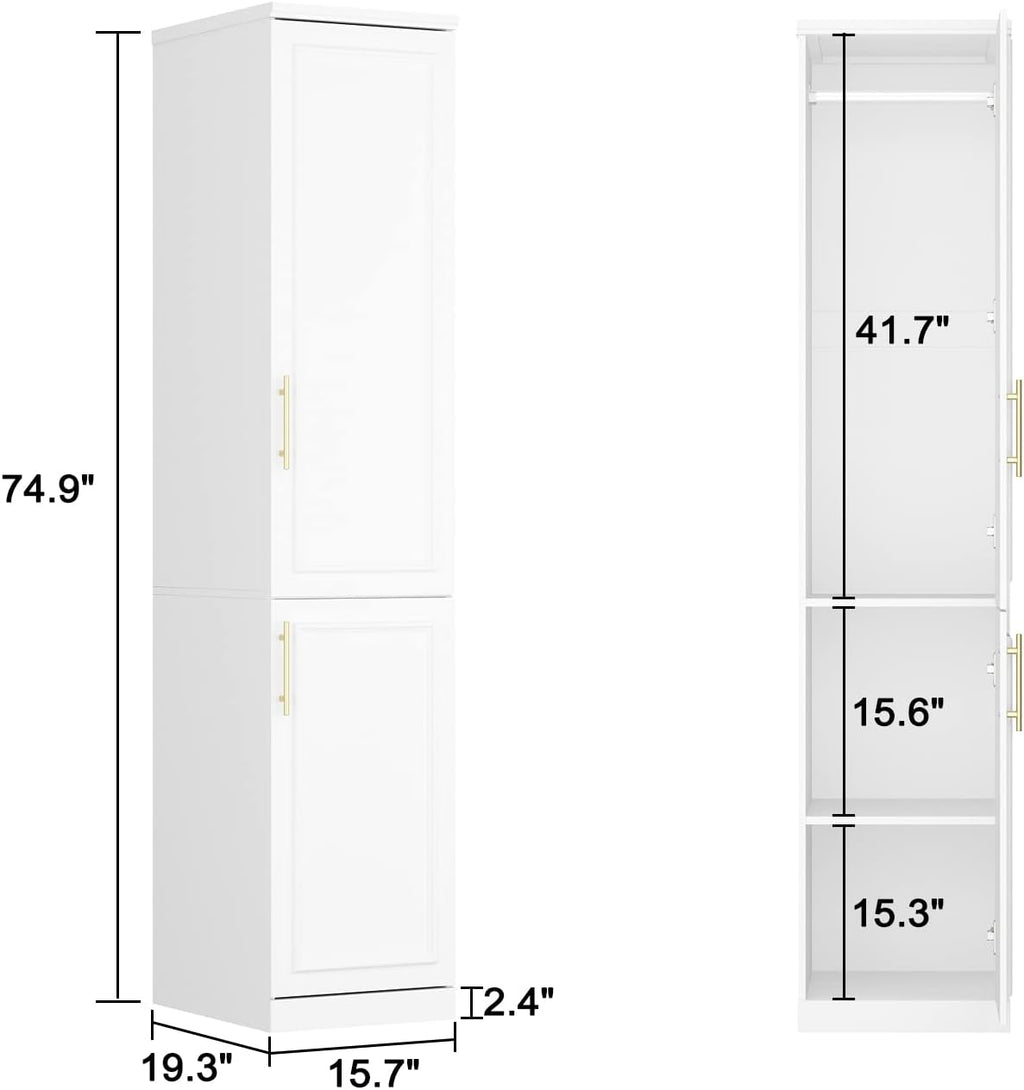 ECACAD White Slim Wardrobe Armoire with 2 Doors, 3-Tier Shelves & Hanging Rod, Wooden Closet Storage Cabinet for Bedroom (15.7”W x 19.3”D x 74.8”H)