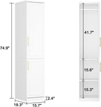 ECACAD White Slim Wardrobe Armoire with 2 Doors, 3-Tier Shelves & Hanging Rod, Wooden Closet Storage Cabinet for Bedroom (15.7”W x 19.3”D x 74.8”H)