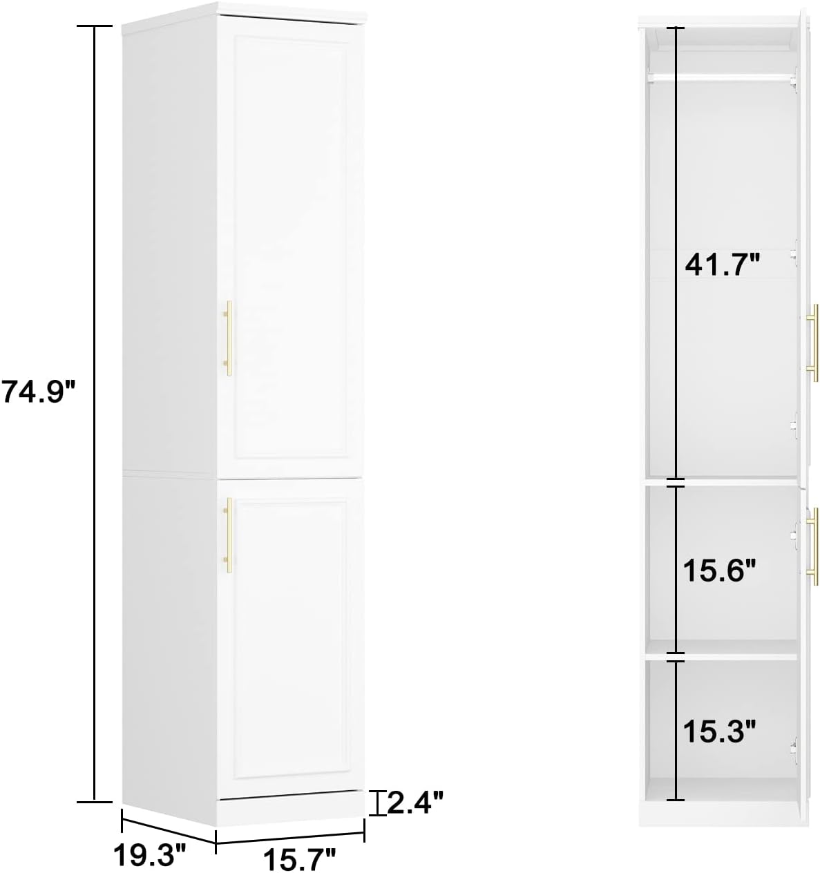 ECACAD White Slim Wardrobe Armoire with 2 Doors, 3-Tier Shelves & Hanging Rod, Wooden Closet Storage Cabinet for Bedroom (15.7”W x 19.3”D x 74.8”H)