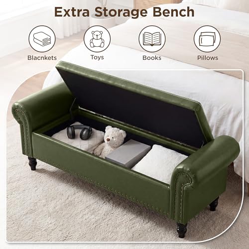 FiveWillowise 64” Storage Benches, End of Bed Bench with Storage,Dark Green | Large Upholstered Storage Ottoman with Tufted, Faux Leather Window Bench with Nailhead Trim for Bedroom, Entryway, Closet