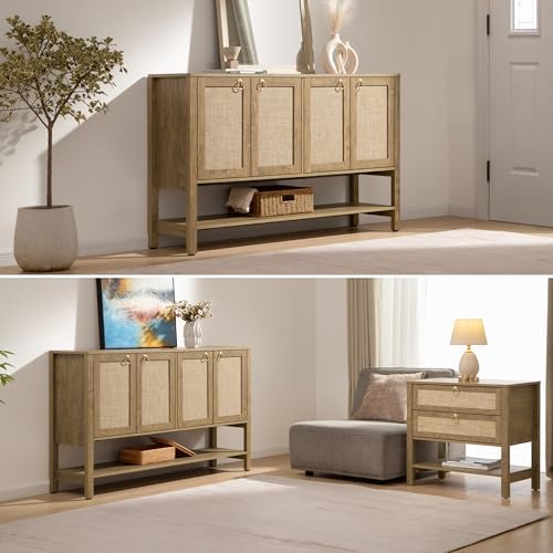 SICOTAS Boho Rattan 110" Long Sideboard Buffet Cabinet with Storage Doors